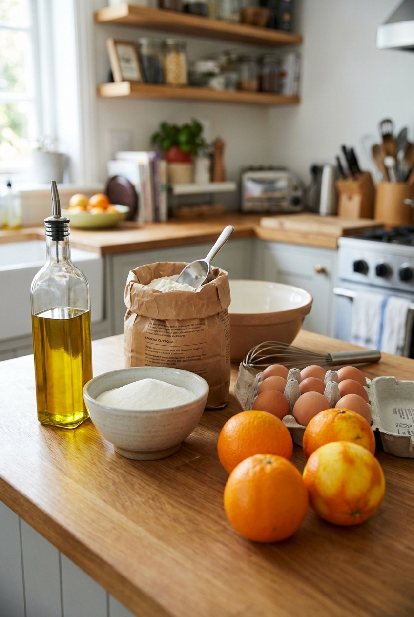 A real photo of olive oil, oranges, sugar, flour, and eggs arranged on a kitchen counter ready for baking