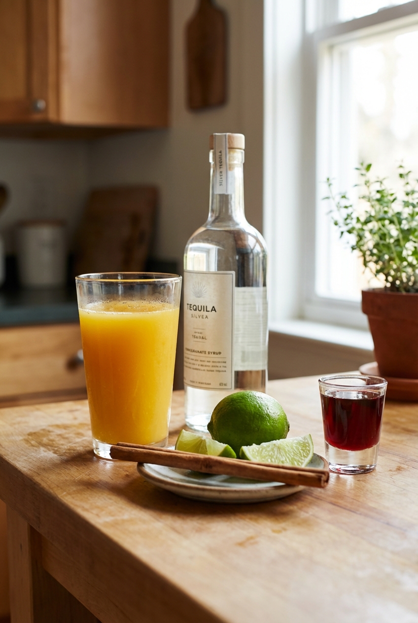 A real photo of orange juice, lime, tequila, a cinnamon stick, and a small glass of pomegranate syrup arranged on a kitchen counter
