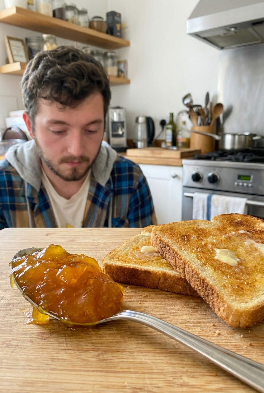 A real photo of orange marmalade on a spoon beside buttered toast