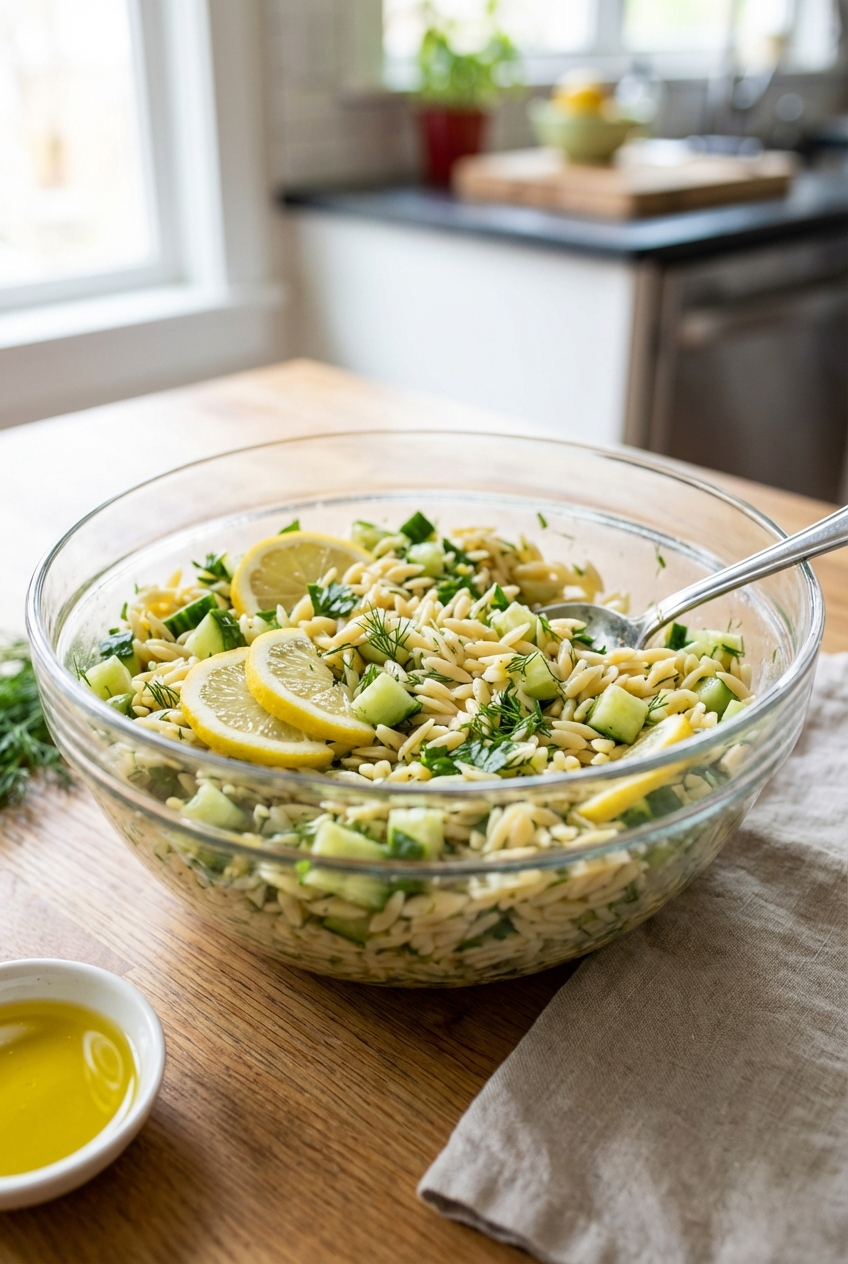 A real photo of orzo salad with cucumber, herbs, and lemon in a glass bowl