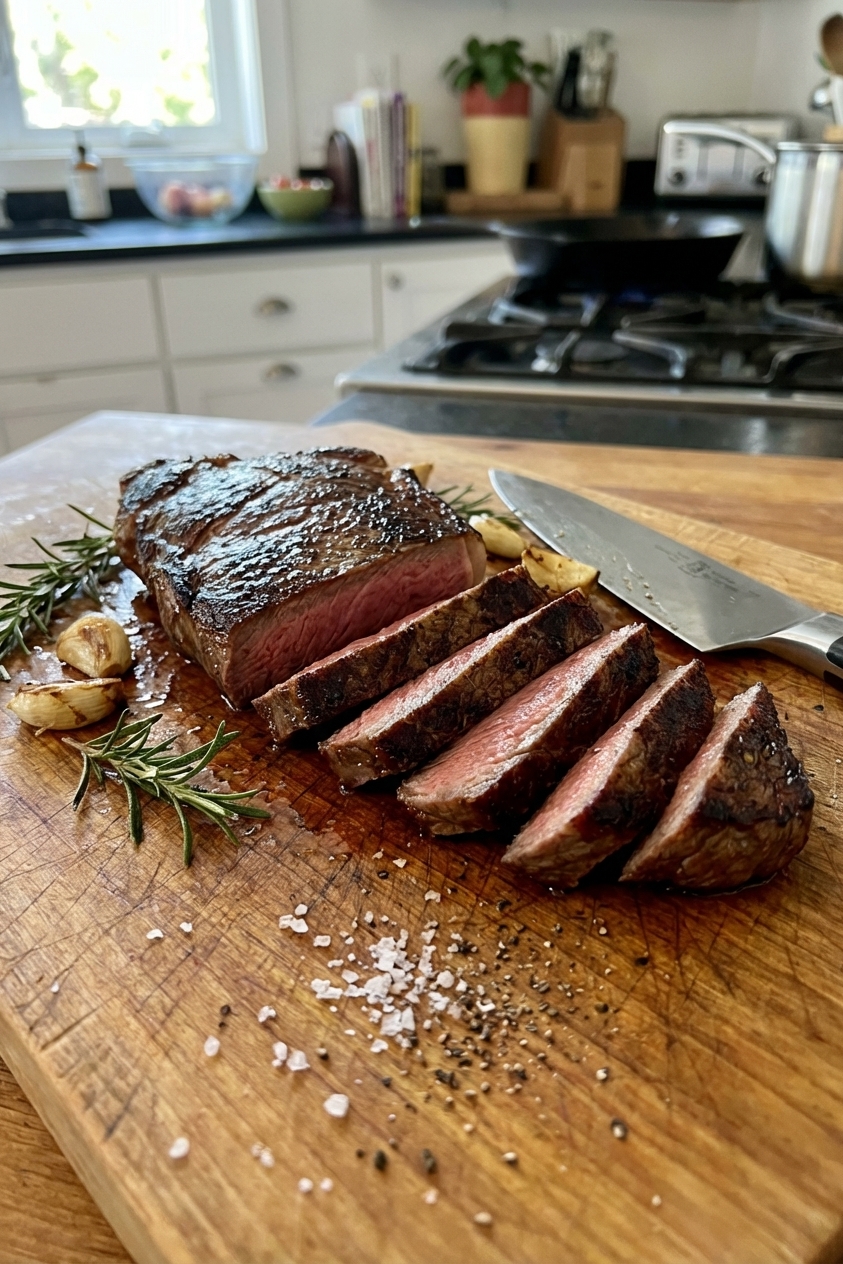 A real photo of pan-seared steak slices on a cutting board