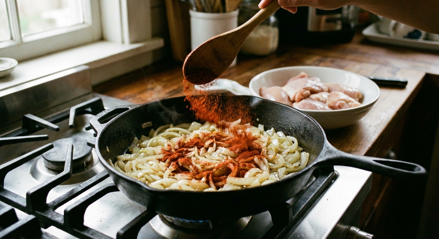 A real photo of paprika being stirred into softened onions in a skillet before adding chicken