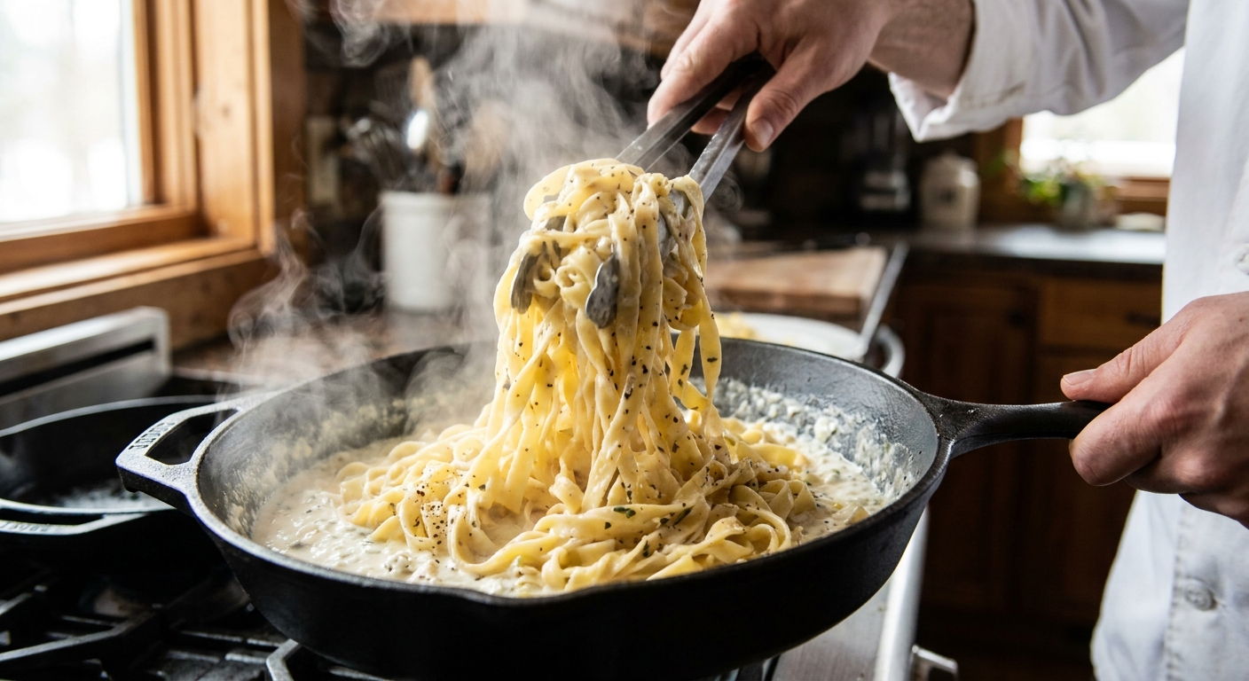 A real photo of pasta being tossed in a skillet with creamy cottage cheese sauce using tongs, with steam rising