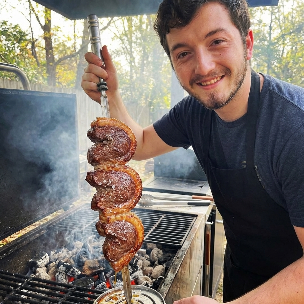 A real photo of picanha steaks curved on skewers over a hot charcoal grill, the fat caps rendering and the meat crusted with coarse salt, with gentle smoke rising