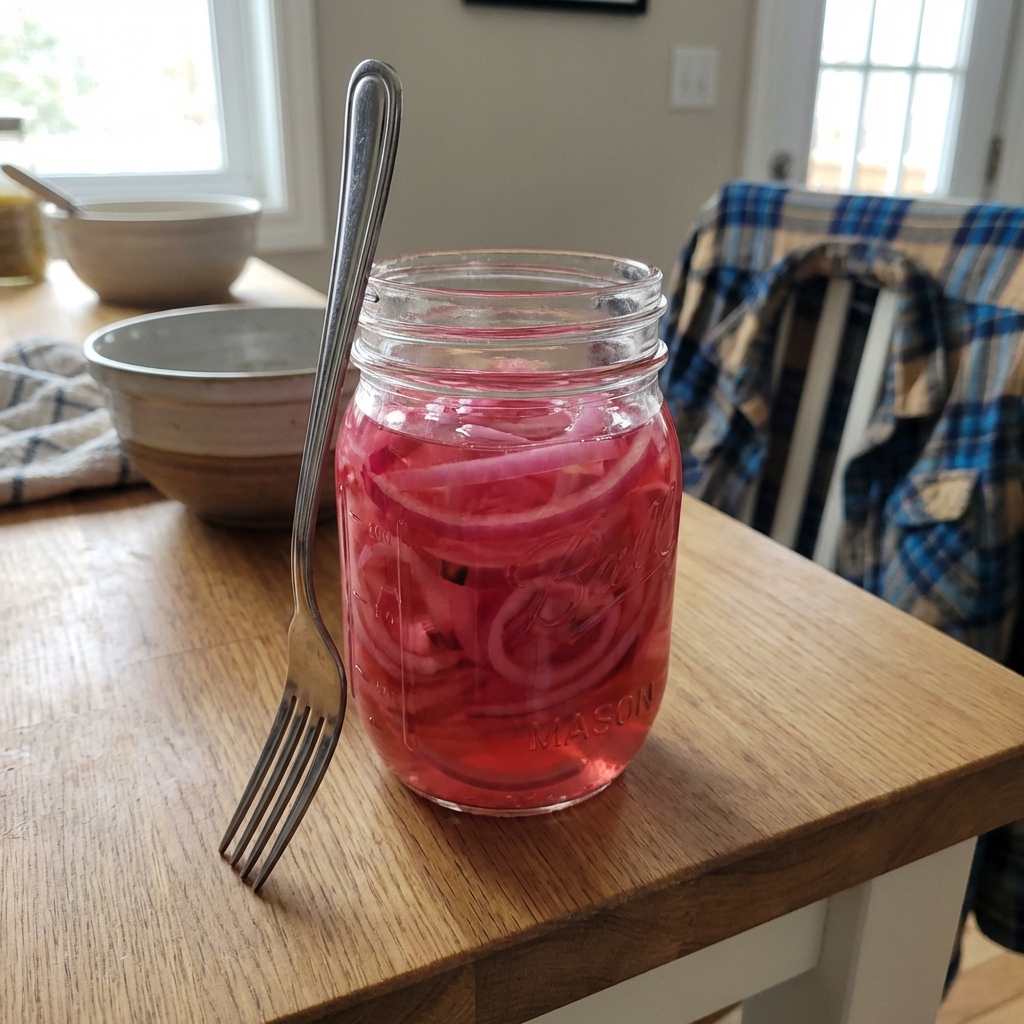 A real photo of pickled red onions in a glass jar with a fork beside it