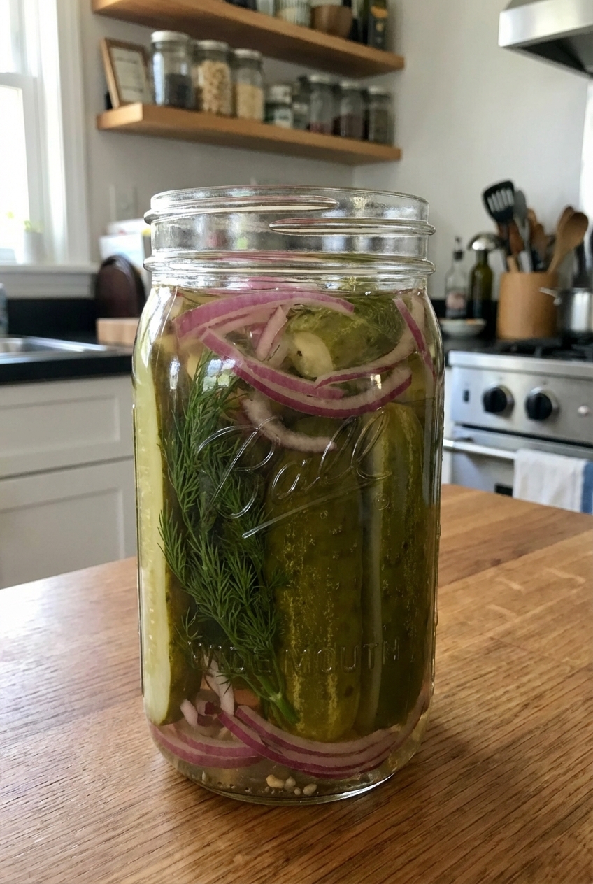 A real photo of pickles and sliced red onions in a glass jar
