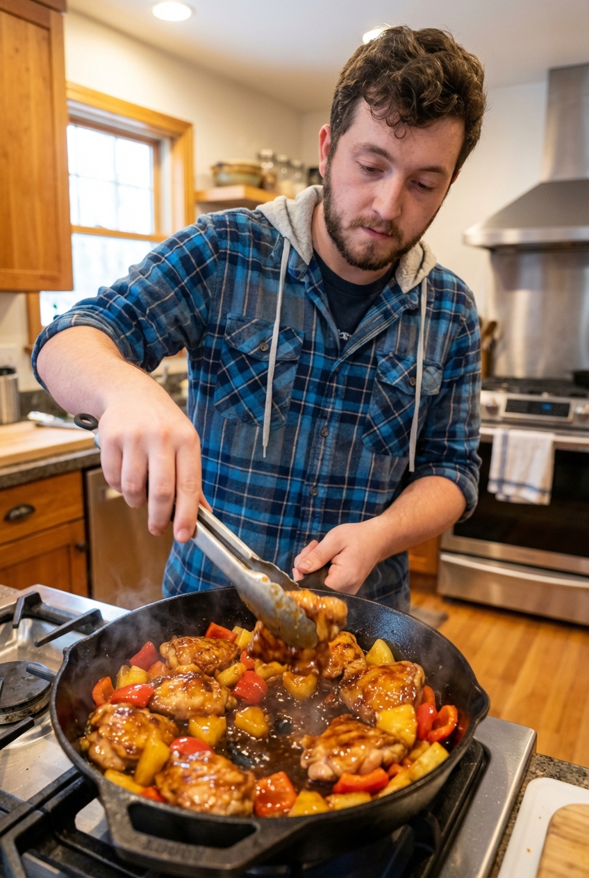 A real photo of pineapple chicken being tossed in a skillet with a glossy sauce using tongs