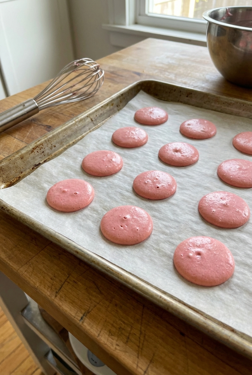 A real photo of piped macaron batter circles resting on a parchment-lined baking sheet
