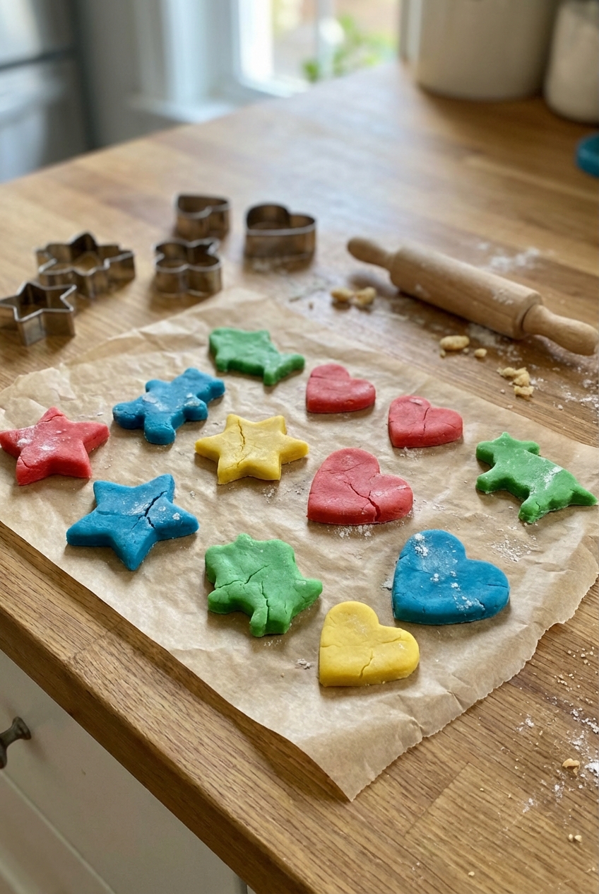 A real photo of playdough shapes cut with cookie cutters drying on parchment paper on a countertop