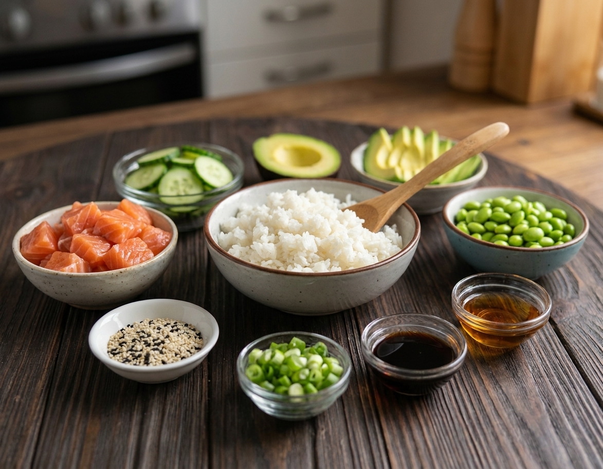 A real photo of poke bowl ingredients arranged on a clean kitchen counter including salmon, cooked rice, soy sauce, sesame oil, cucumber, avocado, edamame, scallions, and sesame seeds in small bowls