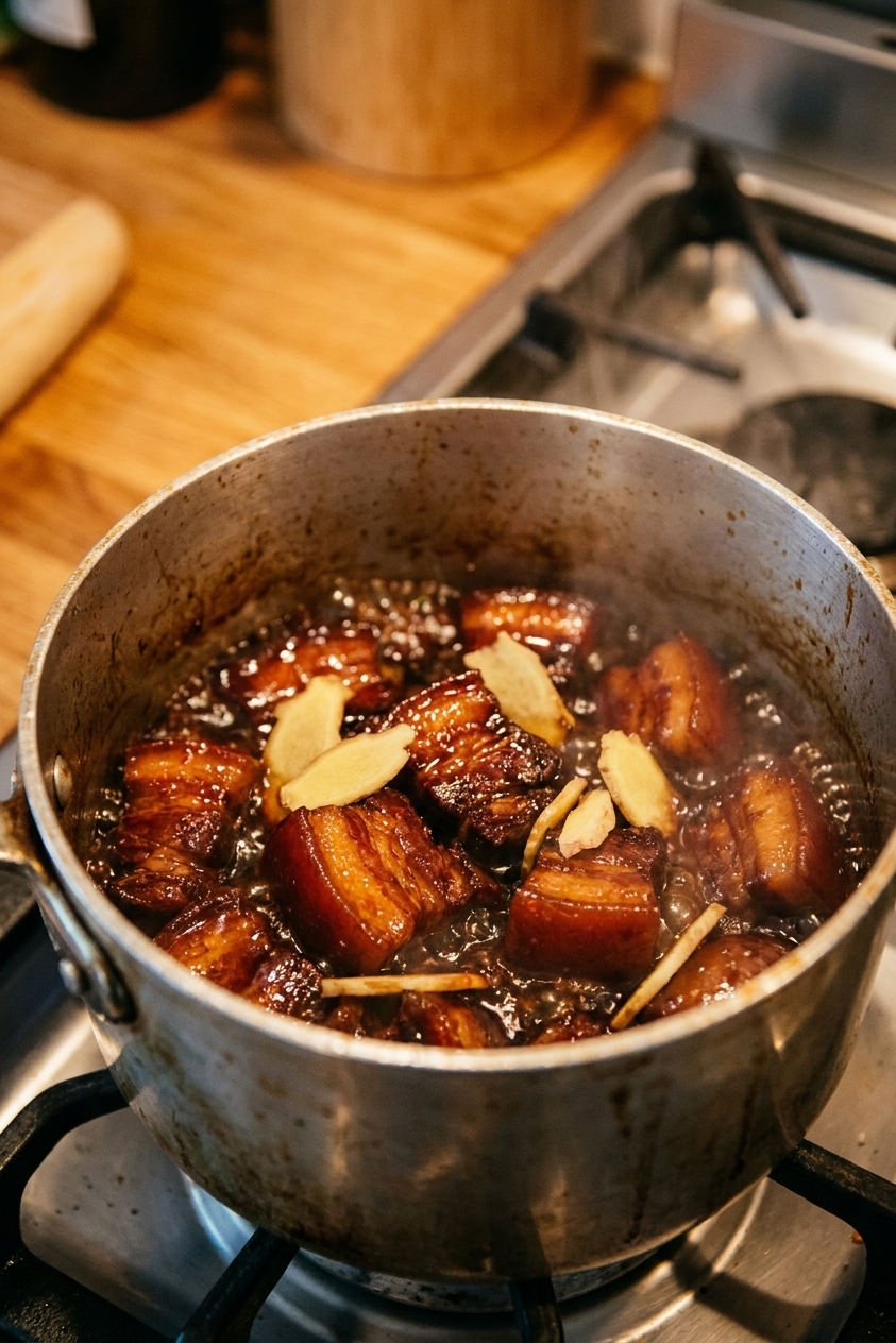 A real photo of pork belly chunks simmering in a small saucepan with a glossy dark glaze and visible slices of ginger