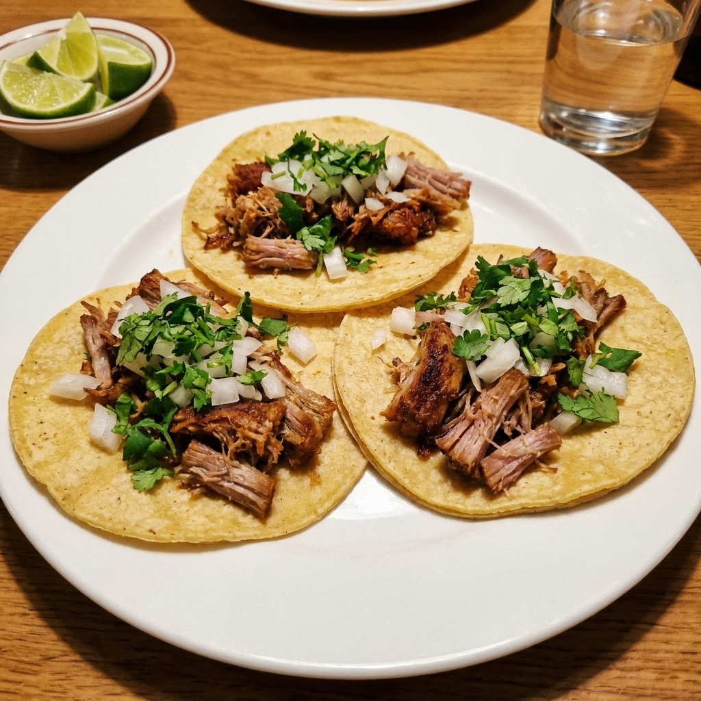 A real photo of pork carnitas tacos on warm corn tortillas topped with chopped white onion and fresh cilantro on a simple dinner plate