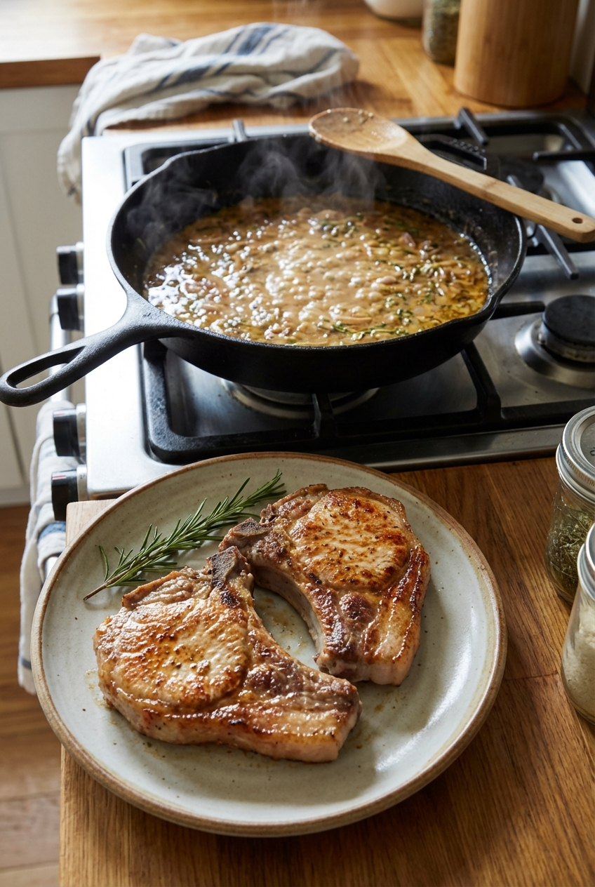 A real photo of pork chops resting on a plate while a glossy pan sauce simmers in the skillet