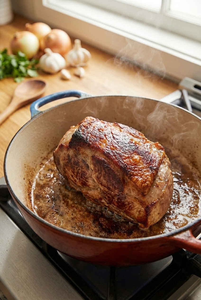 A real photo of pork shoulder searing in a Dutch oven with browned edges and sizzling fat