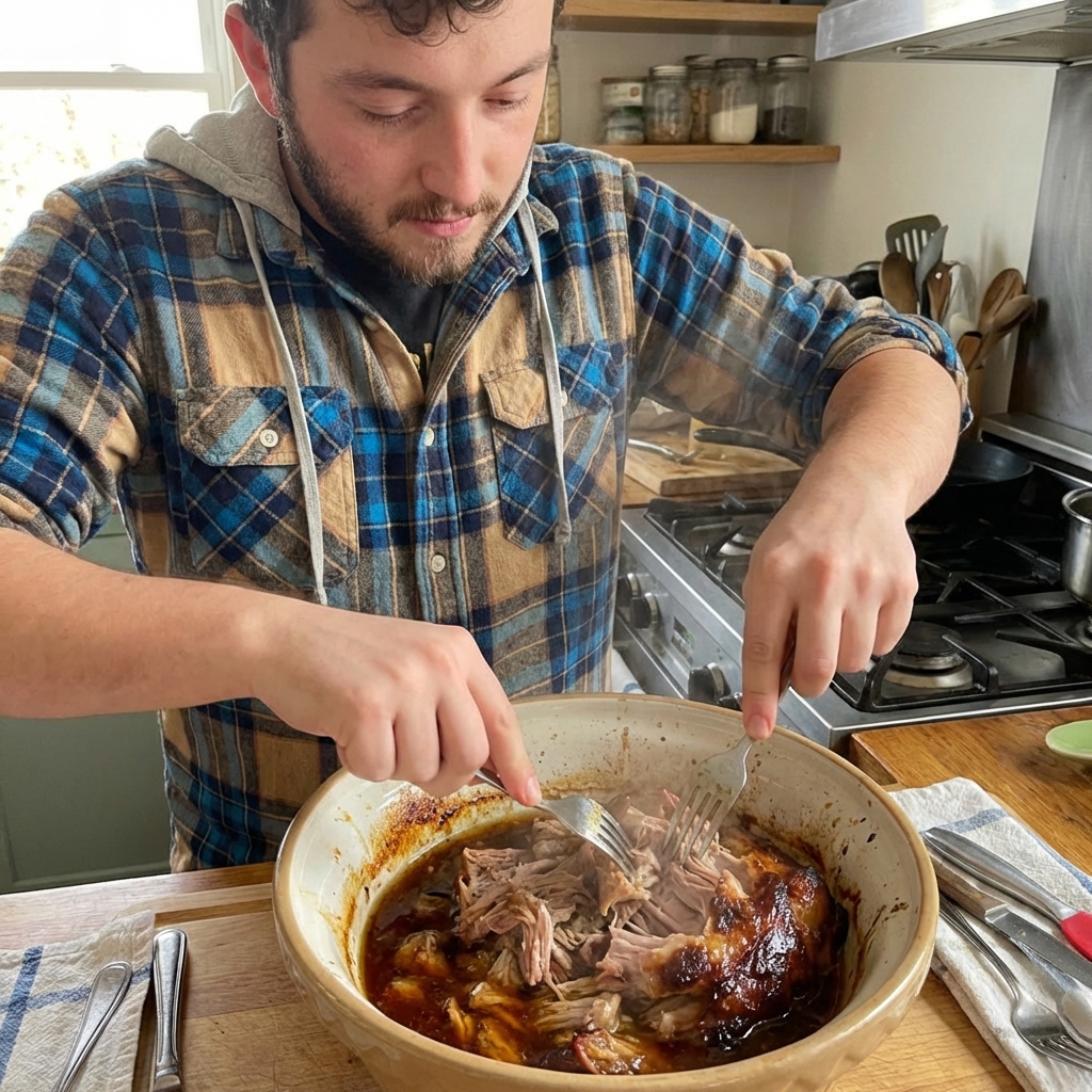A real photo of pulled pork being shredded with two forks in a large bowl with glossy cooking juices