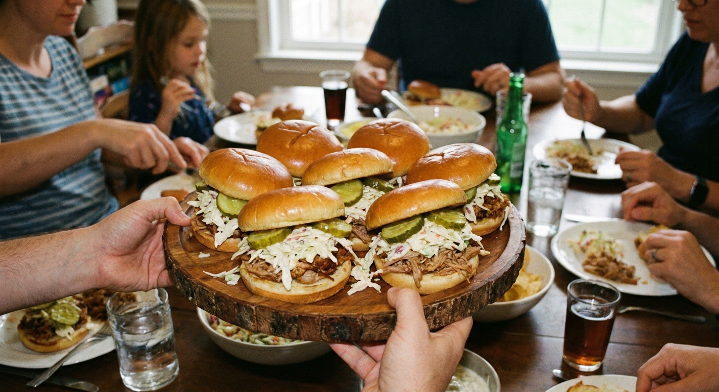 A real photo of pulled pork sandwiches on soft buns with coleslaw and pickles on a serving platter, casual family dinner setting