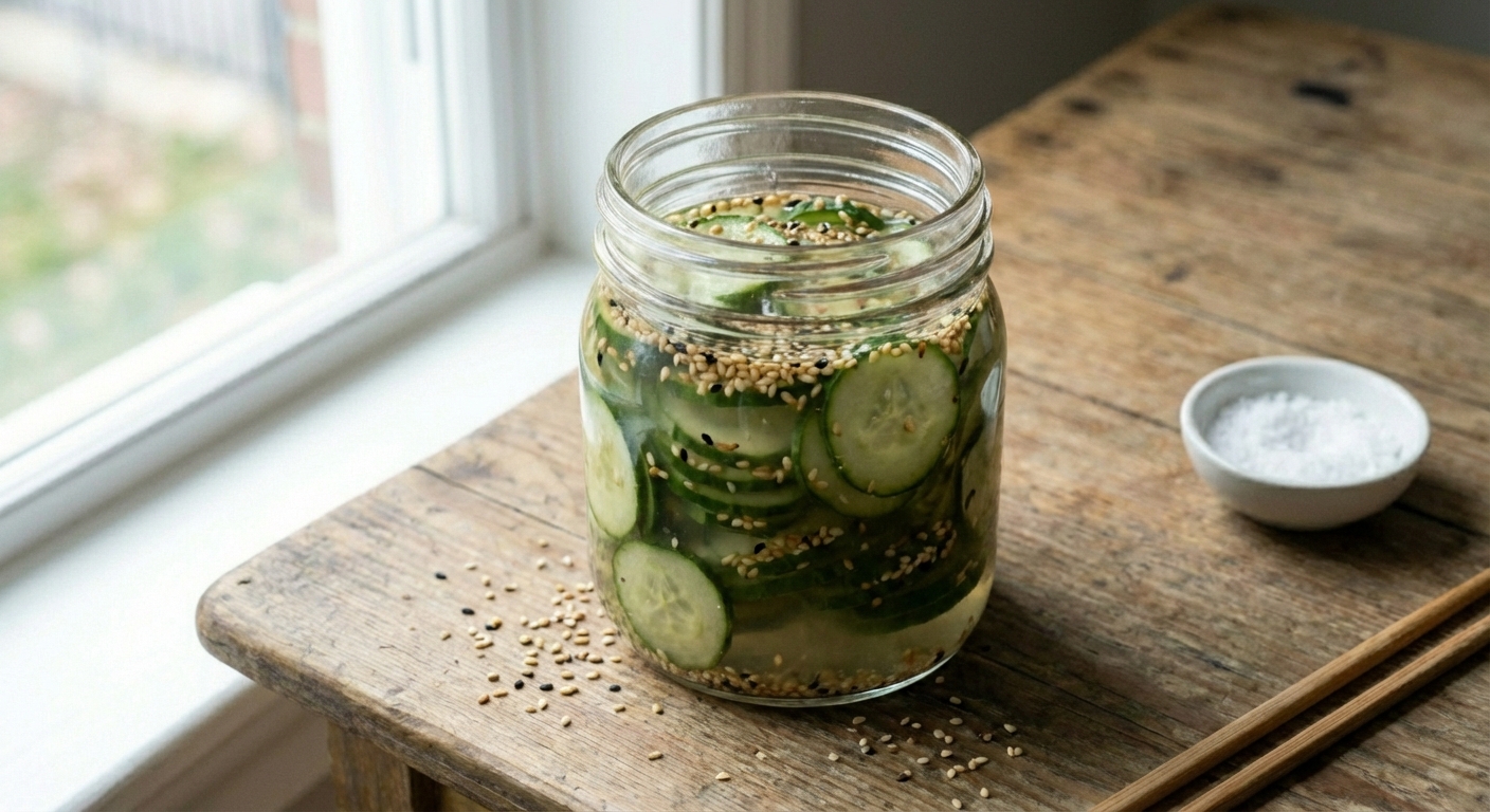 A real photo of quick pickled cucumbers in a glass jar with sesame seeds