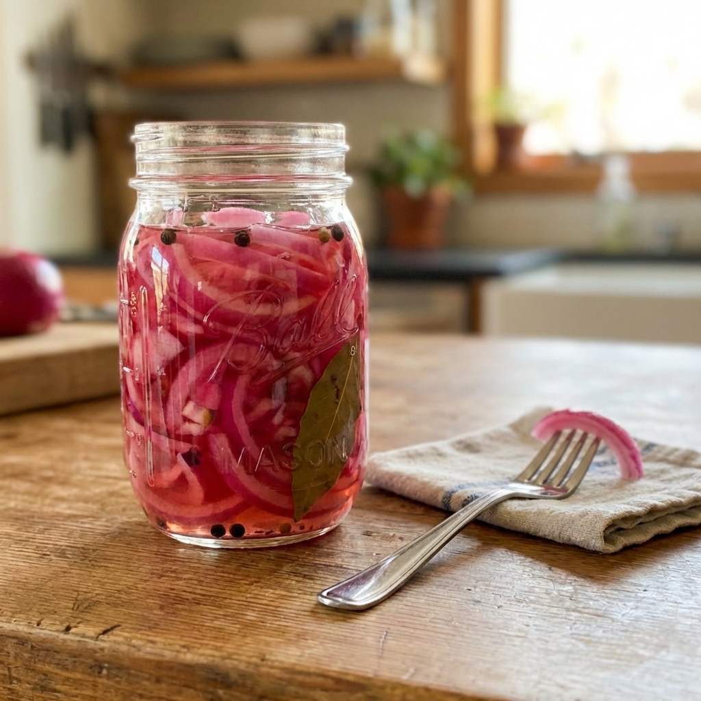 A real photo of quick pickled red onions in a jar with a fork beside it