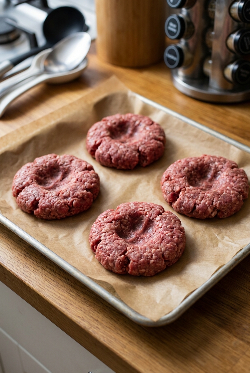 A real photo of raw burger patties on a parchment lined tray with a thumbprint indent in the center of each