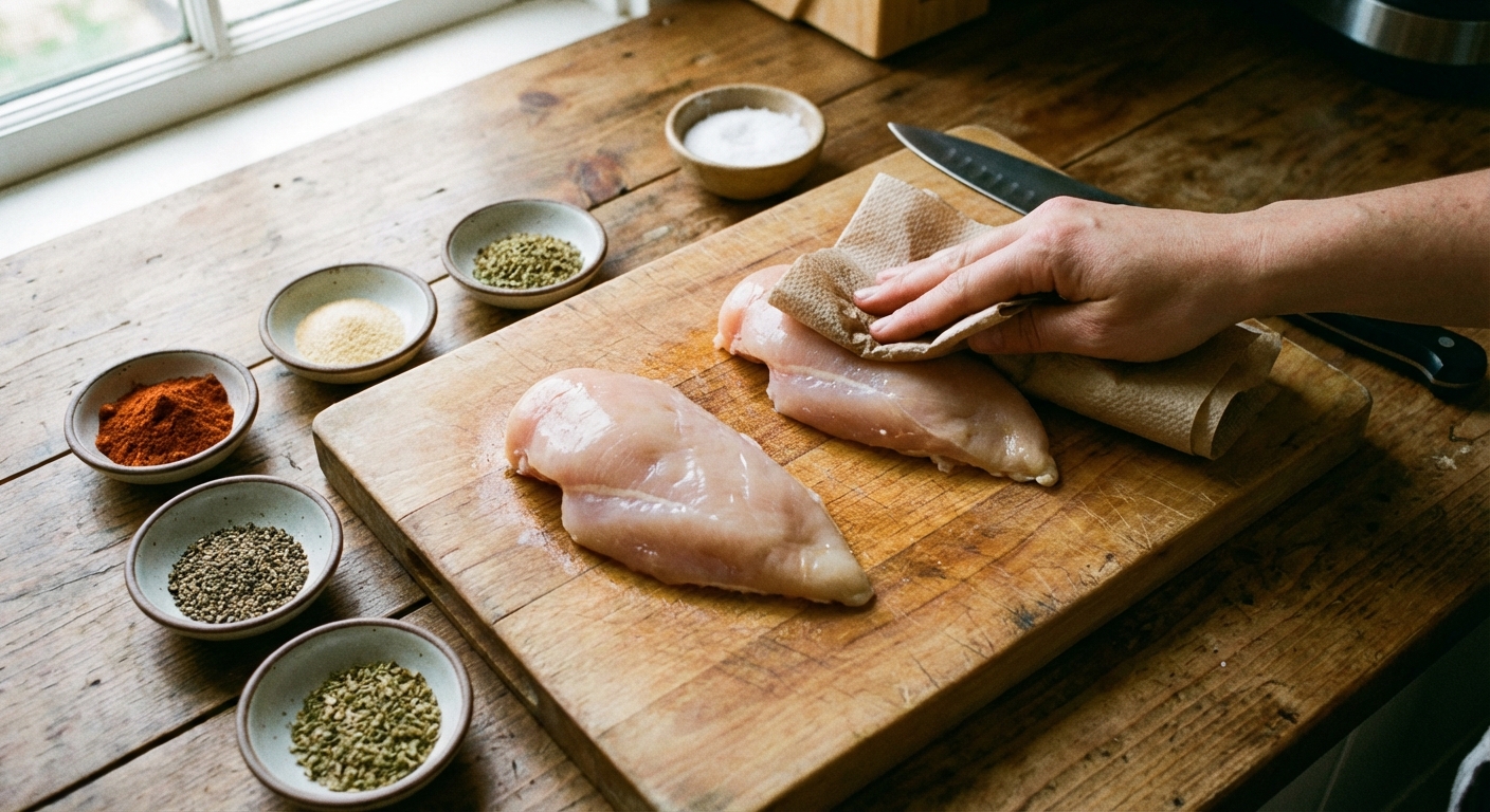 A real photo of raw chicken breasts on a cutting board being patted dry with paper towels next to small bowls of spices