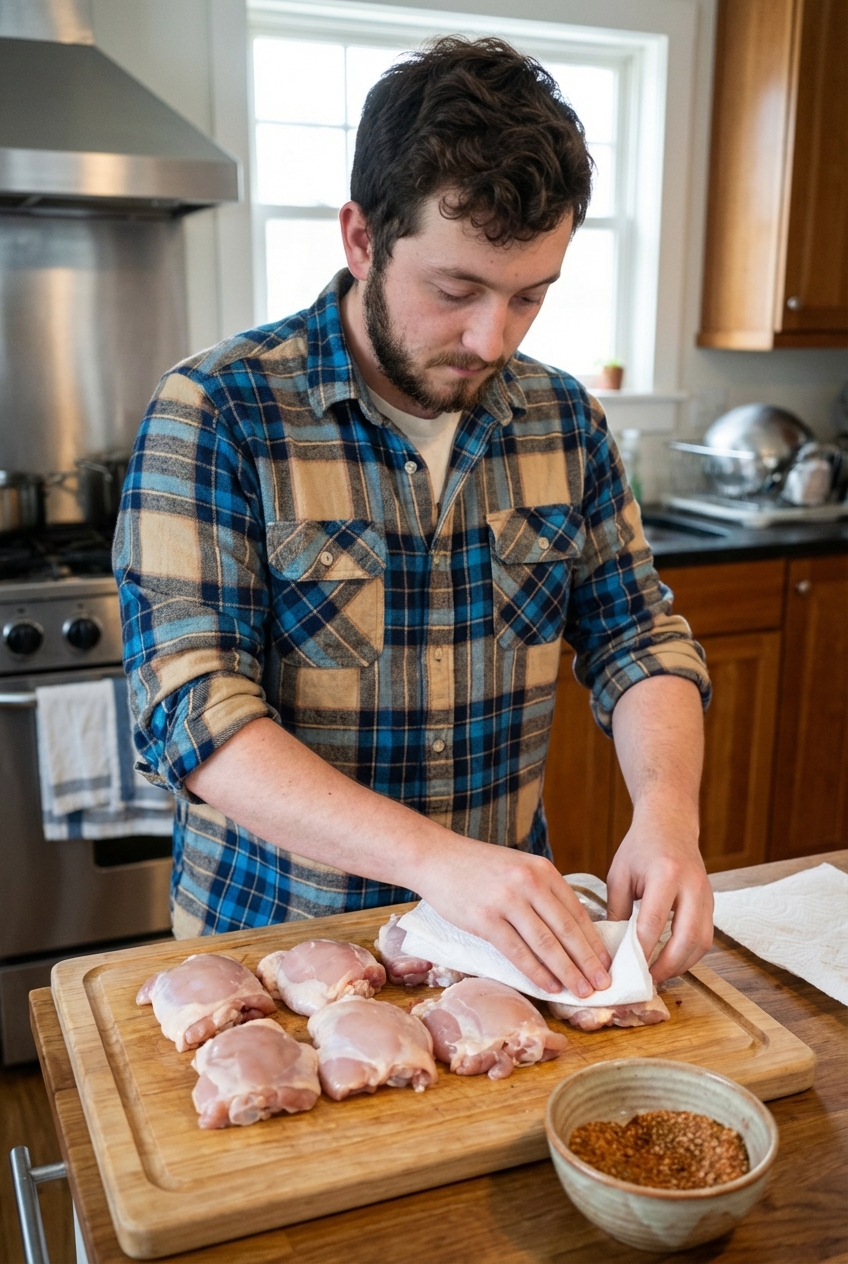 A real photo of raw chicken thighs on a cutting board being patted dry with paper towels next to a bowl of seasoning
