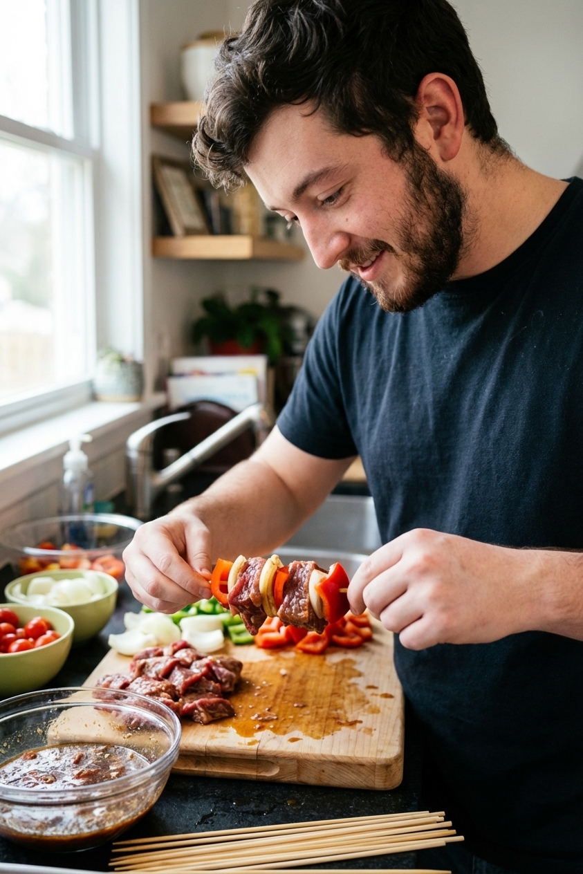 A real photo of raw marinated steak cubes being threaded onto skewers with red bell pepper chunks and onion wedges on a wooden cutting board in a home kitchen