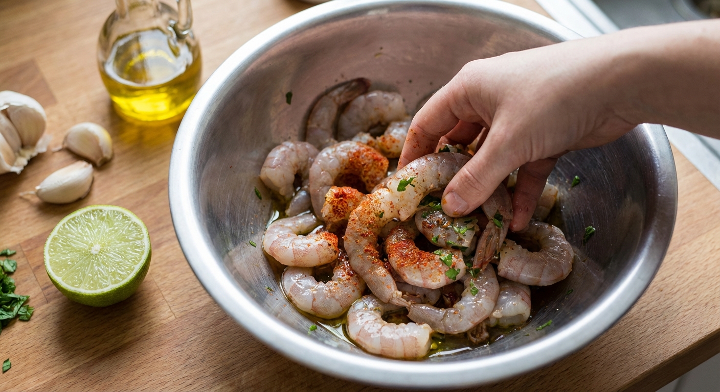 A real photo of raw peeled shrimp in a mixing bowl being tossed with spices and olive oil, with a lime and garlic on the counter nearby
