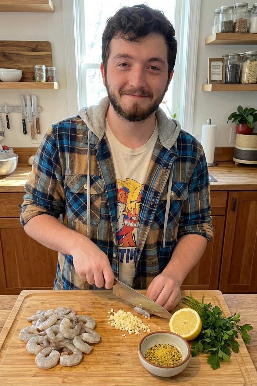 A real photo of raw peeled shrimp on a cutting board next to minced garlic, a lemon, parsley, and a small bowl of lemon pepper seasoning
