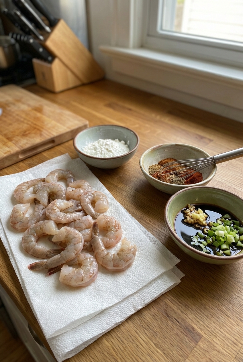 A real photo of raw peeled shrimp patted dry on a paper towel next to small bowls of cornstarch, seasoning, and sauce ingredients on a kitchen counter
