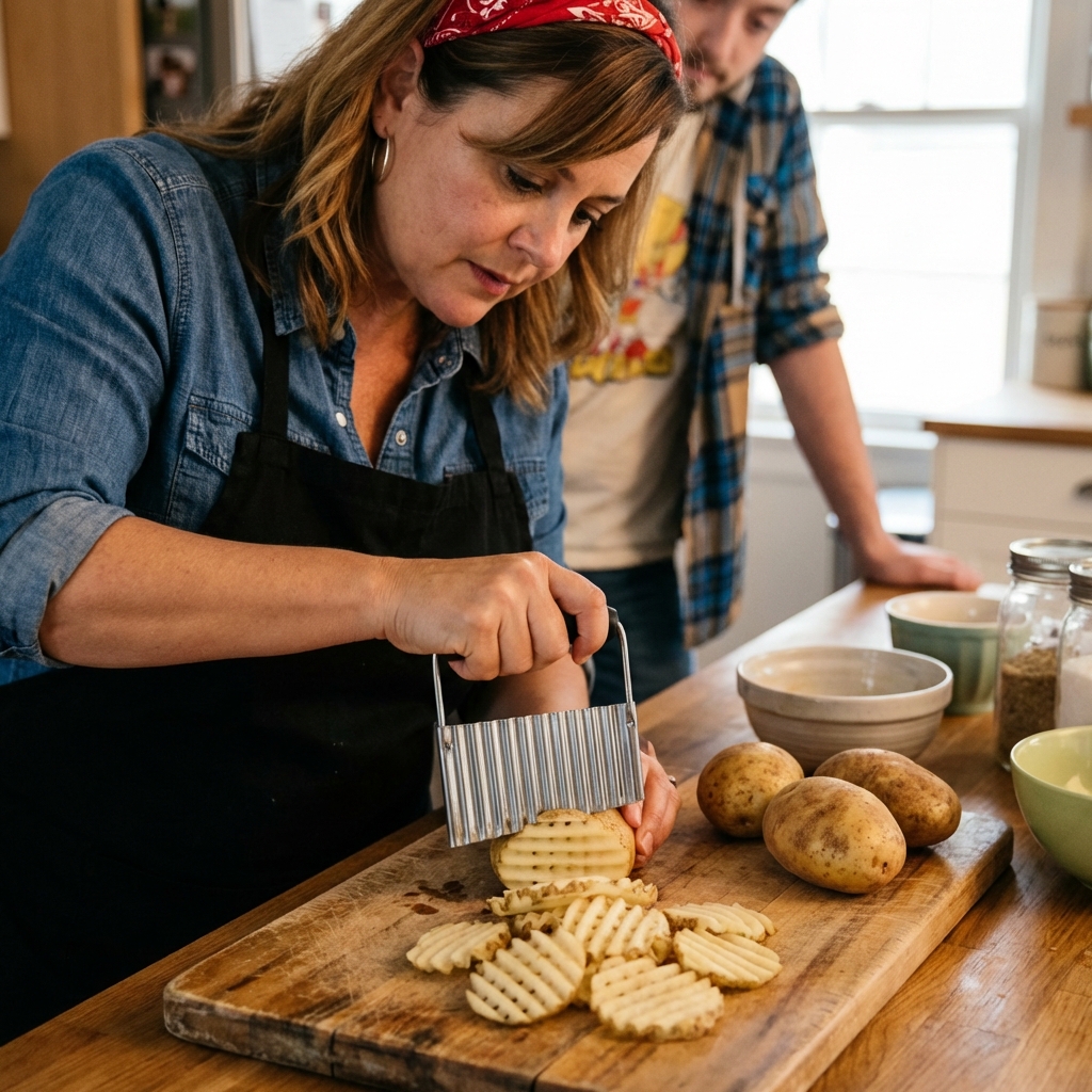 A real photo of raw potatoes being sliced into waffle cuts with a crinkle cutter over a cutting board