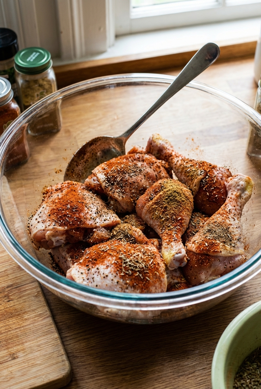 A real photo of raw seasoned chicken pieces in a mixing bowl with a spoon and visible spices on the surface
