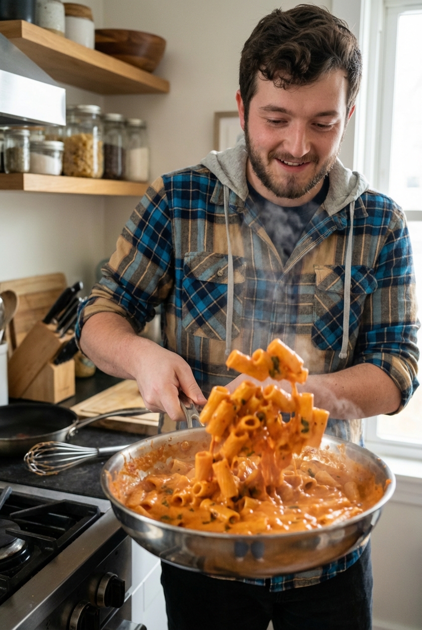A real photo of rigatoni being tossed in a skillet with creamy vodka sauce as steam rises