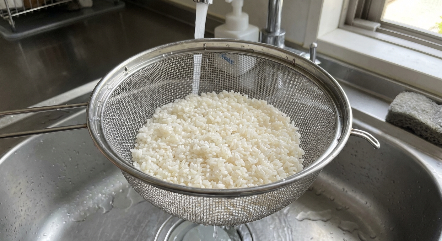 A real photo of rinsed white rice draining in a fine mesh strainer over a sink