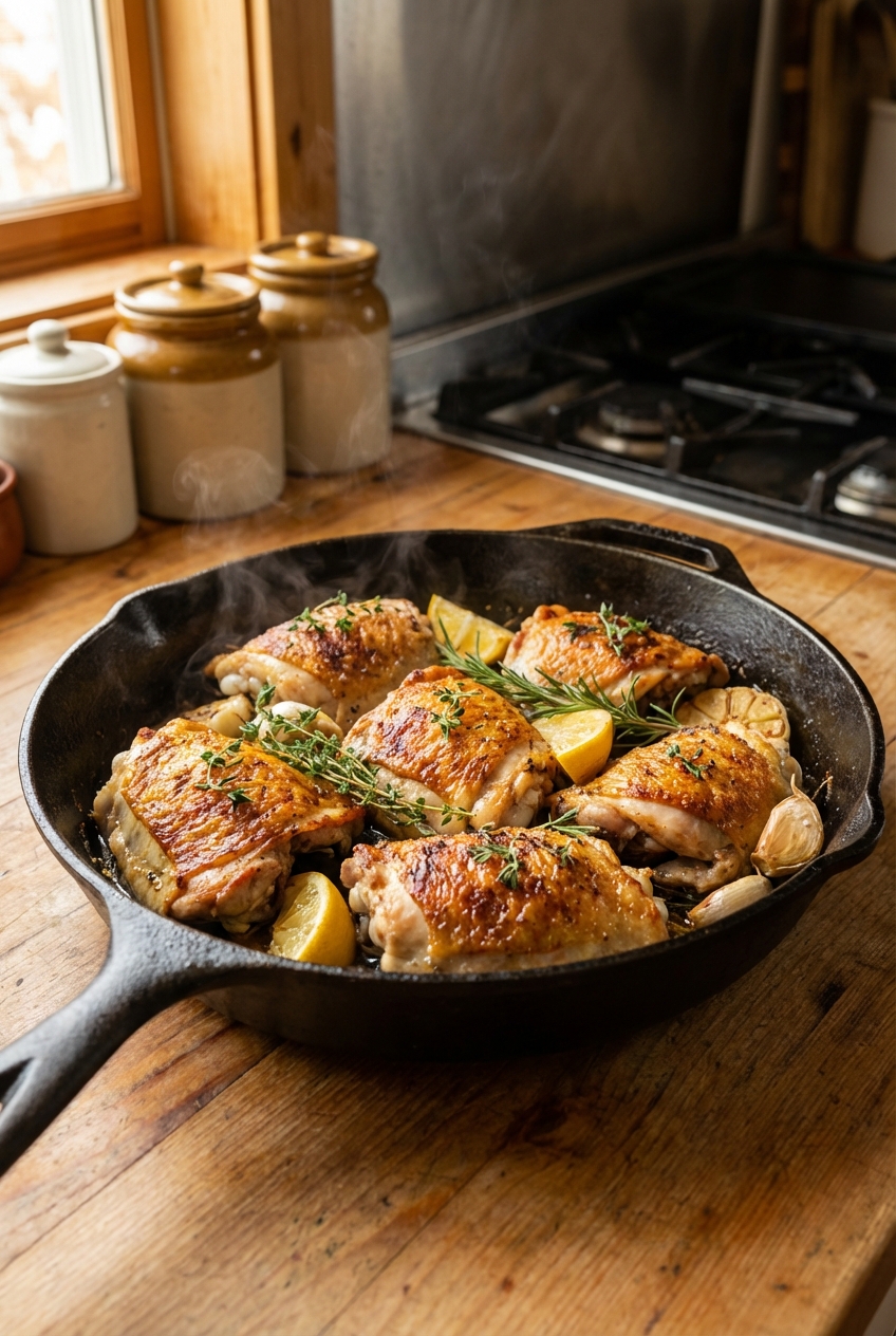 A real photo of roast chicken thighs with crispy skin in a cast iron skillet