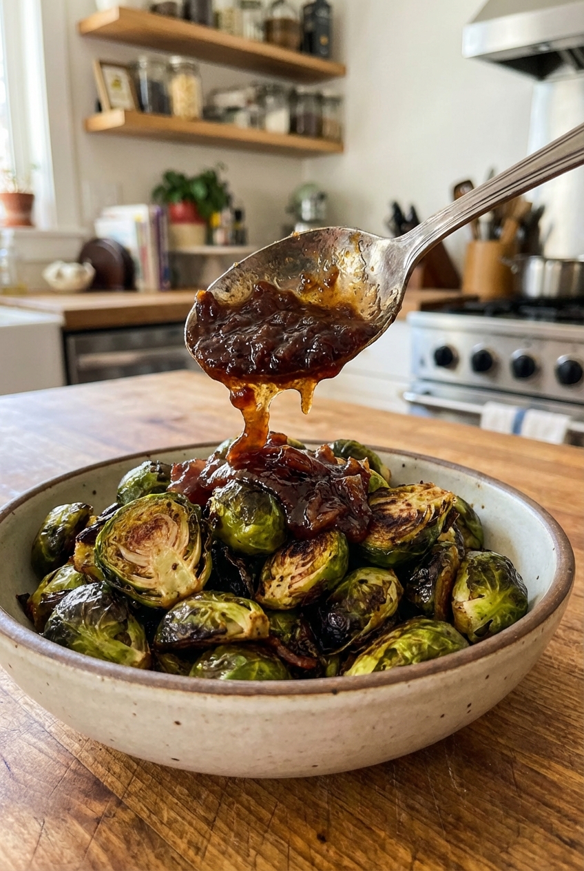 A real photo of roasted Brussels sprouts in a bowl with a spoonful of bacon jam melting on top