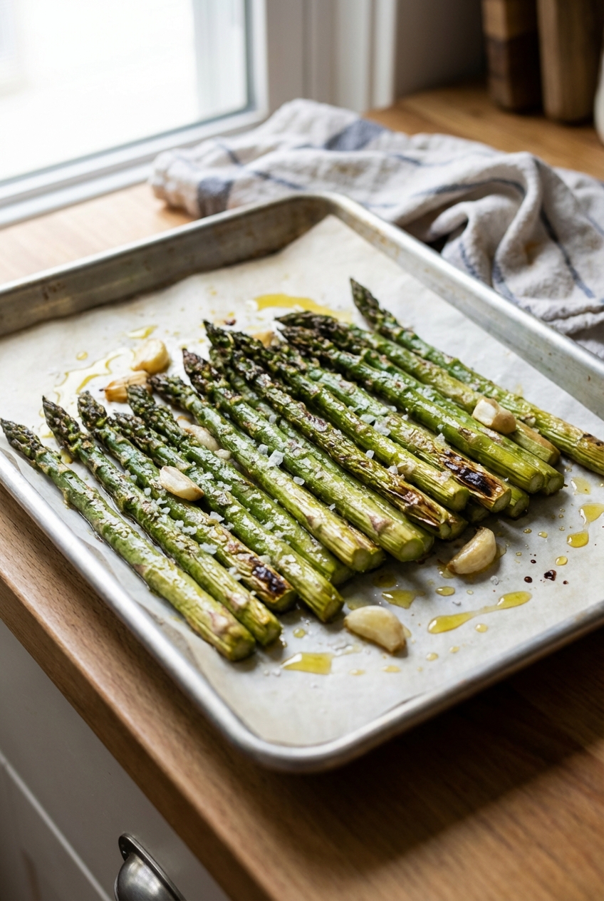 A real photo of roasted asparagus on a sheet pan with browned tips and flaky salt