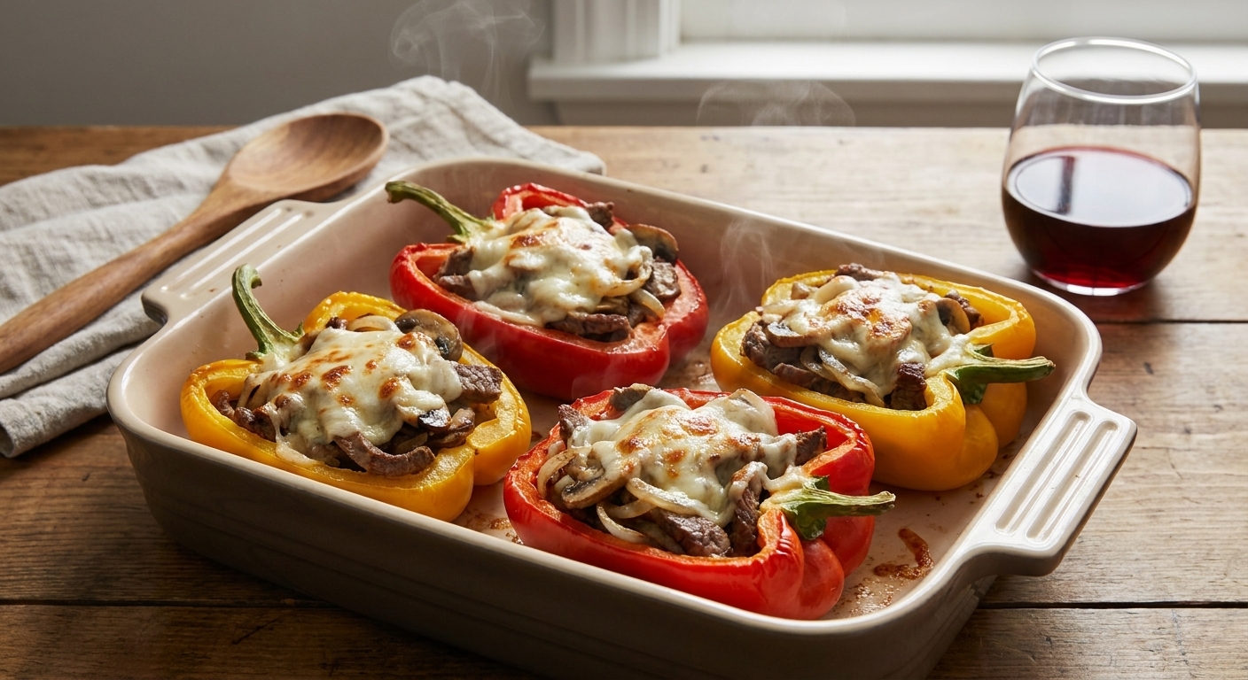 A real photo of roasted bell peppers stuffed with thinly sliced steak, sautéed onions and mushrooms, and melted provolone cheese in a baking dish on a kitchen counter