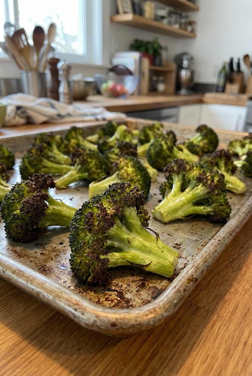 A real photo of roasted broccoli florets on a sheet pan with browned edges