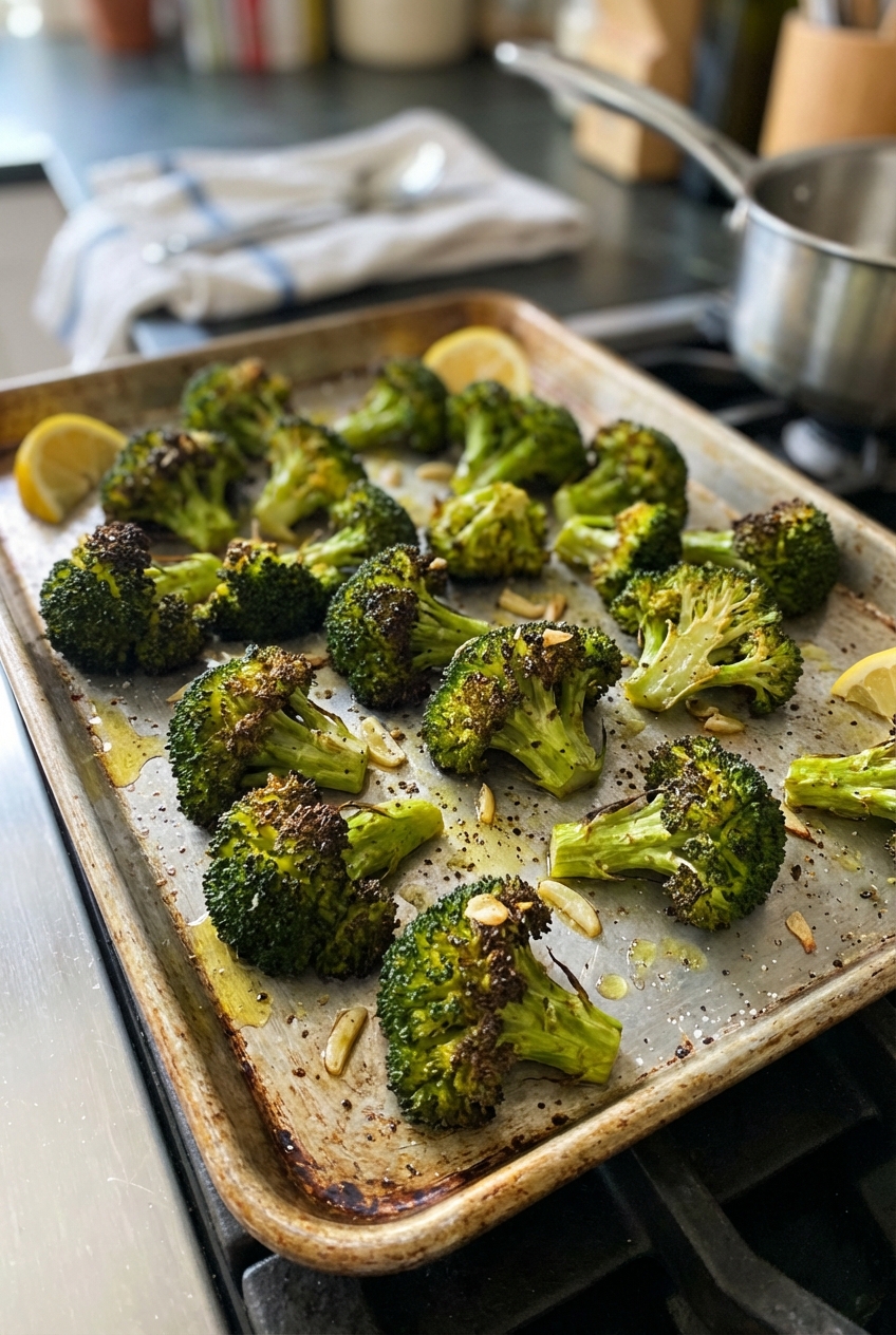 A real photo of roasted broccoli florets with browned edges on a sheet pan