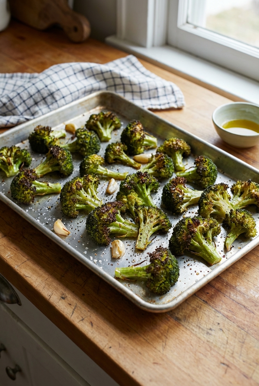 A real photo of roasted broccoli florets with browned edges on a sheet pan
