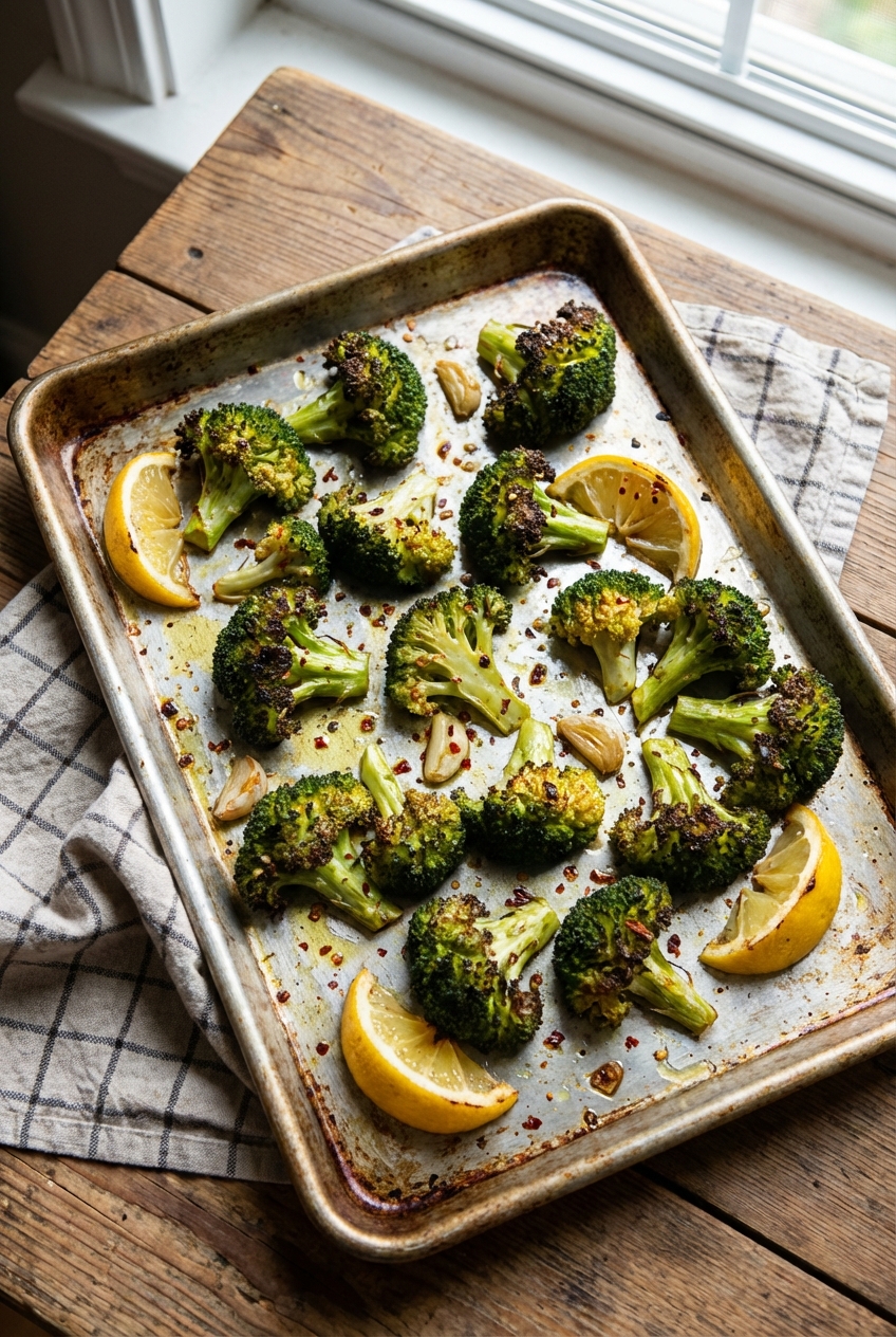 A real photo of roasted broccoli on a sheet pan with browned tips and lemon wedges