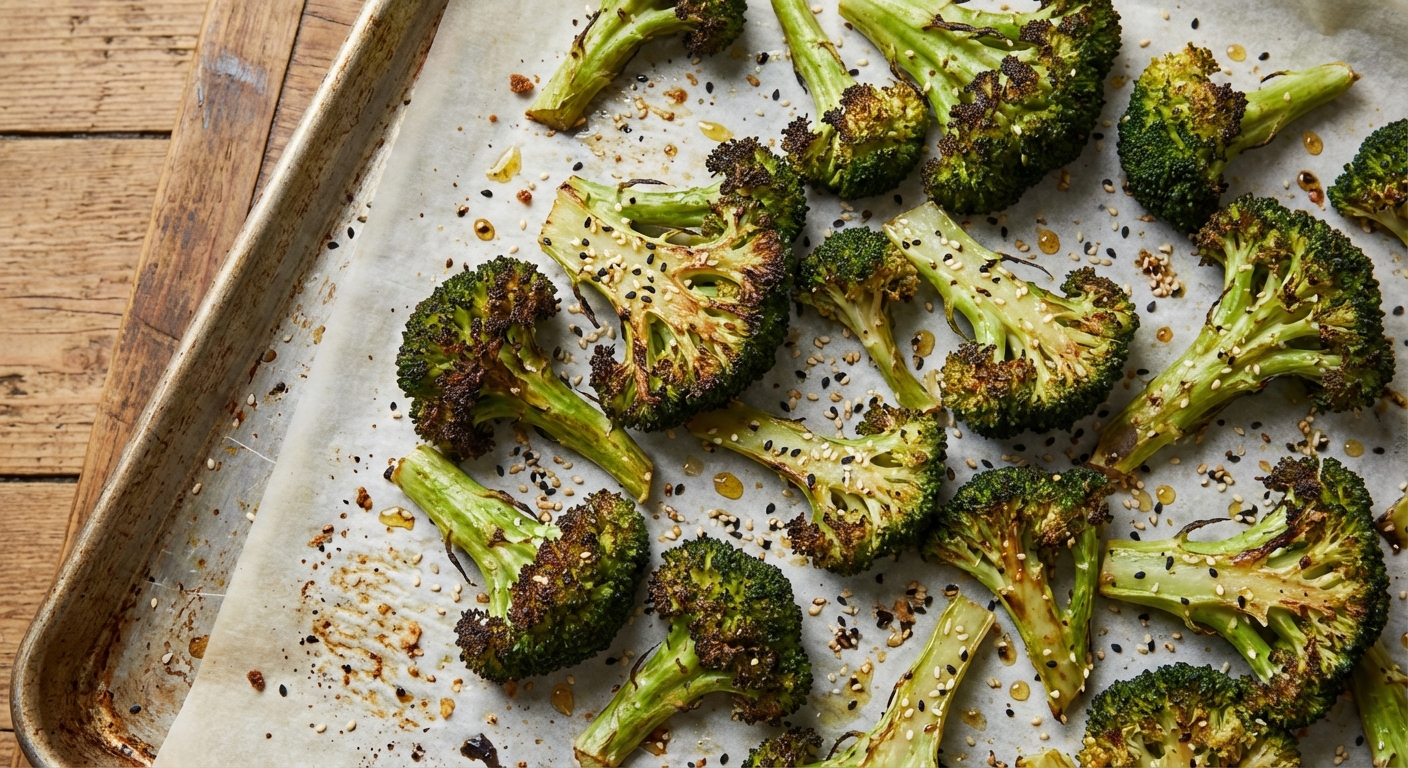A real photo of roasted broccoli on a sheet pan with browned edges and sesame seeds