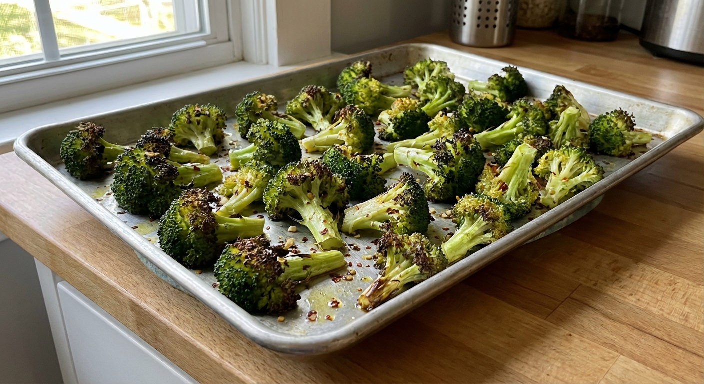 A real photo of roasted broccoli on a sheet pan with browned edges