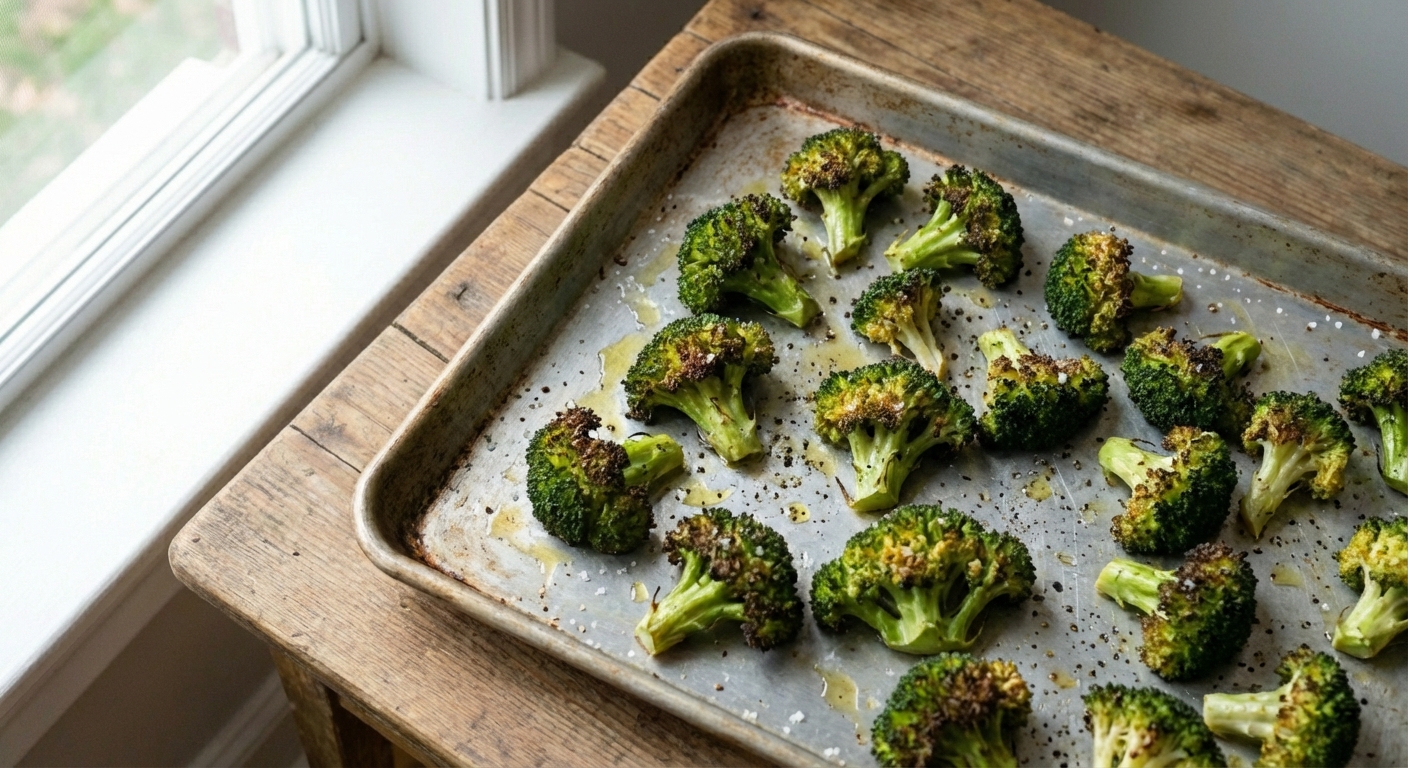 A real photo of roasted broccoli with crispy browned tips on a sheet pan