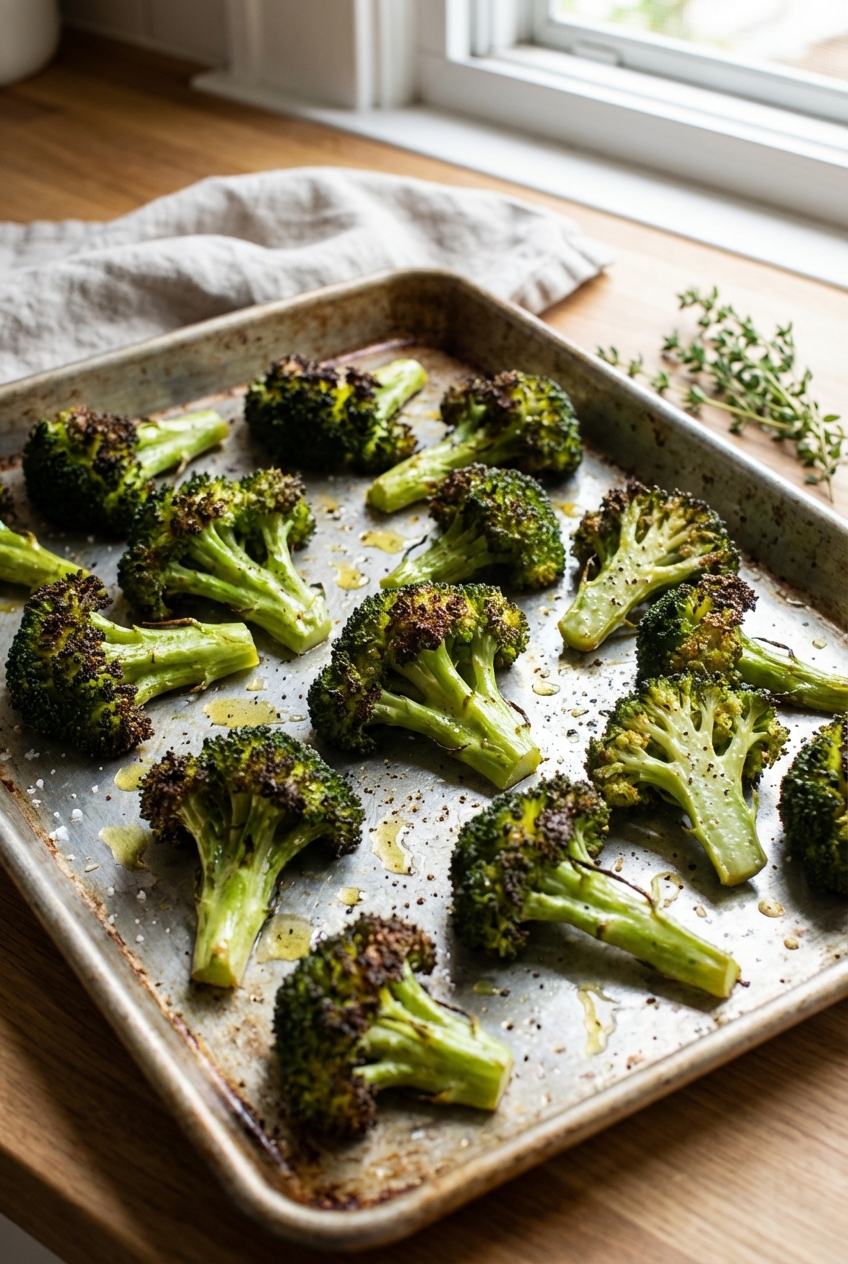 A real photo of roasted broccoli with crispy edges on a baking sheet