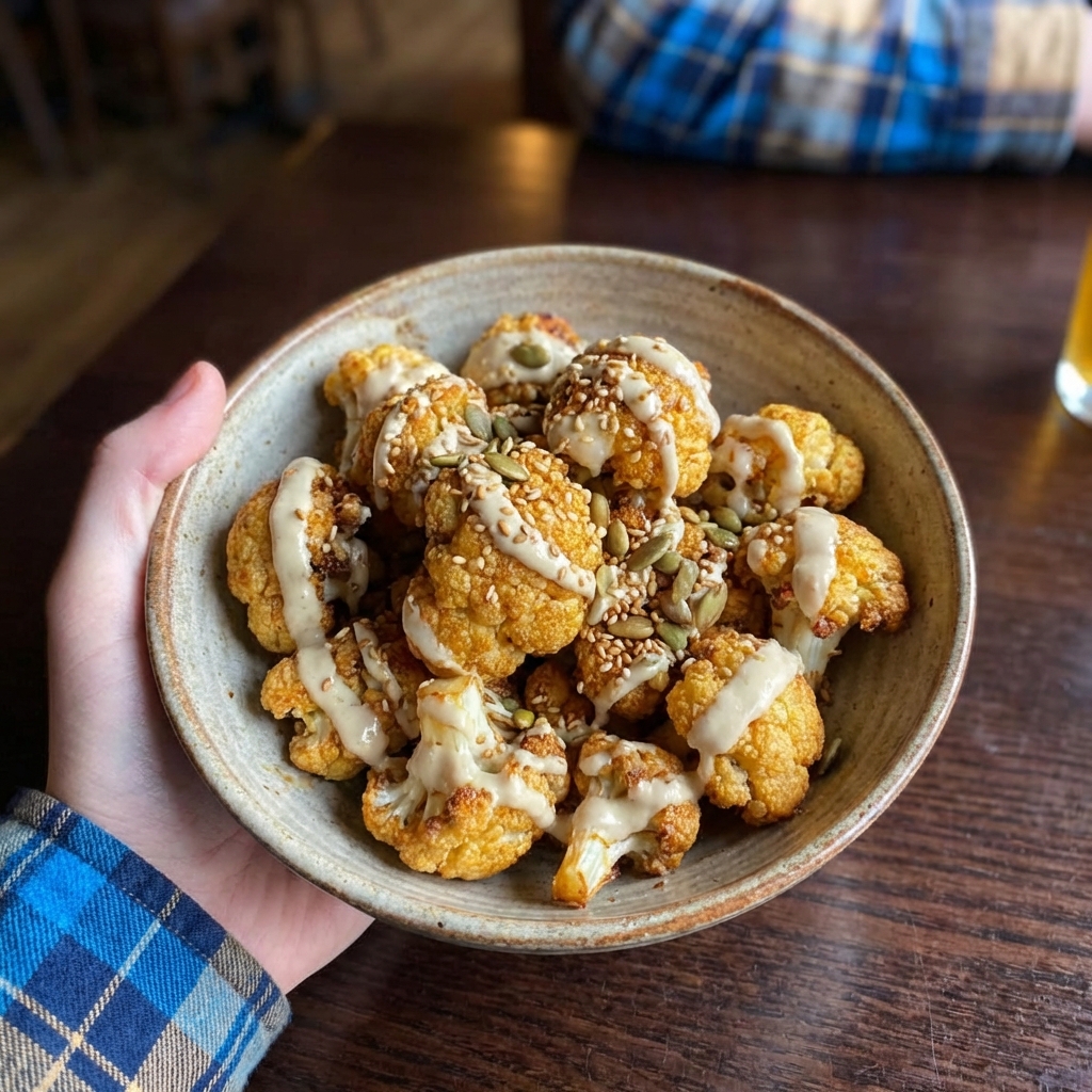 A real photo of roasted cauliflower in a bowl with a drizzle of tahini sauce and scattered toasted seeds