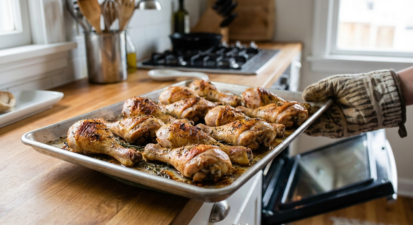 A real photo of roasted chicken drumsticks with crisp skin on a sheet pan just out of the oven