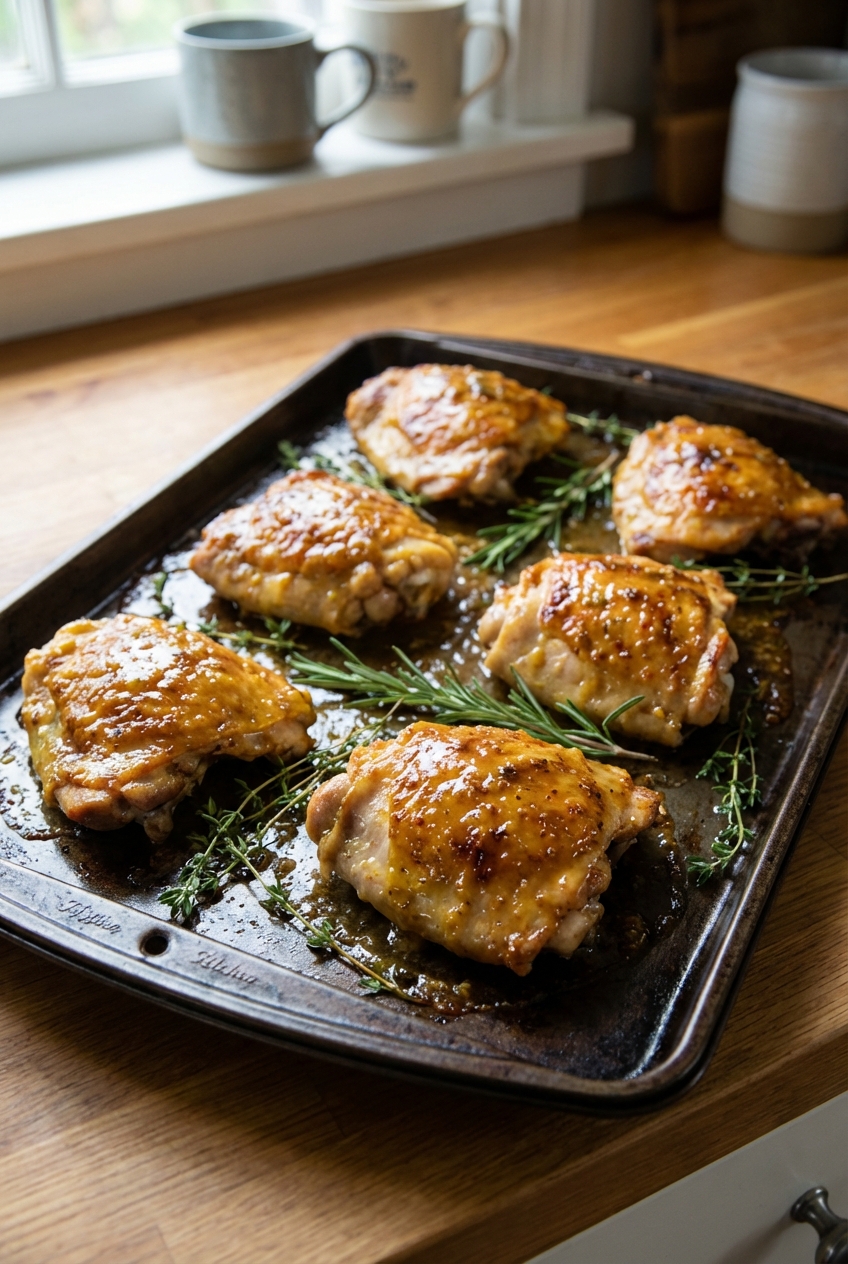 A real photo of roasted chicken thighs glazed with honey mustard on a sheet pan