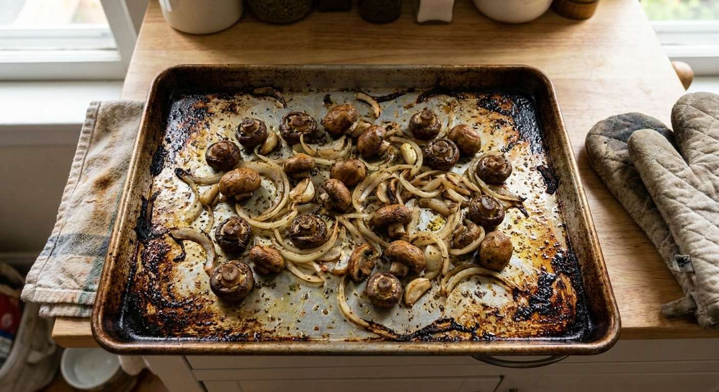 A real photo of roasted mushrooms and sliced onions on a sheet pan with browned edges in a home kitchen