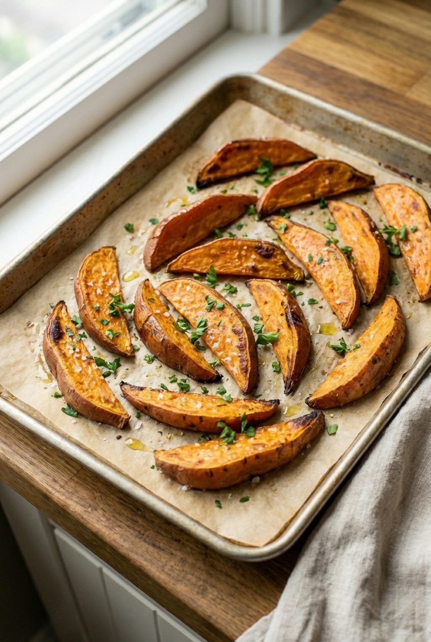 A real photo of roasted sweet potato wedges on a sheet pan